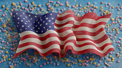 USA holiday banner featuring American flags grosgrain ribbon and confetti stars