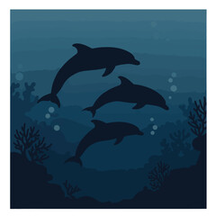 Fototapeta premium Vector Illustration of Dolphins in Ocean Scene in Minimalist Style with Blue Gradient Colors