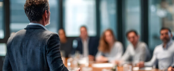 A professional speaker engaging with an attentive audience in a modern conference room setting during a business meeting.