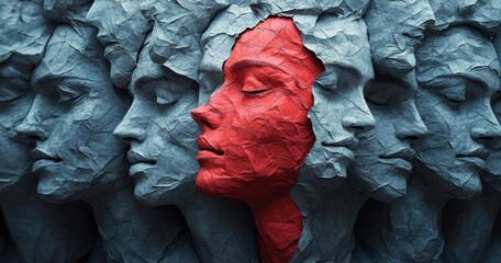 Group of sculpted faces with closed eyes made from crumpled paper, one face in the center brightly colored red contrasting against the surrounding gray faces
