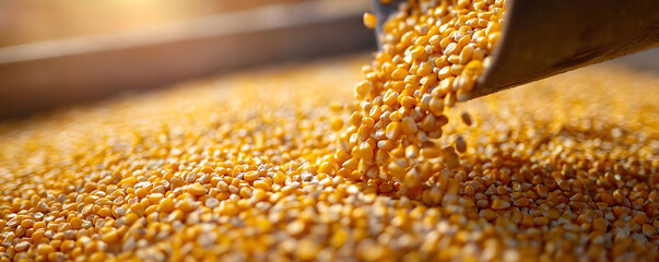 Fresh grain pouring from a scoop, highlighting its golden color, showcasing natural textures and agricultural richness.