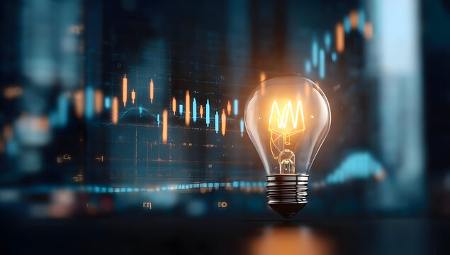 A glowing light bulb symbolizing innovative ideas and growth, set against a digital financial chart background.
