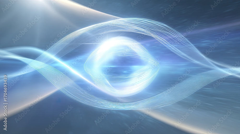 Poster abstract light waves with ethereal glow circling a central sphere in a digital background