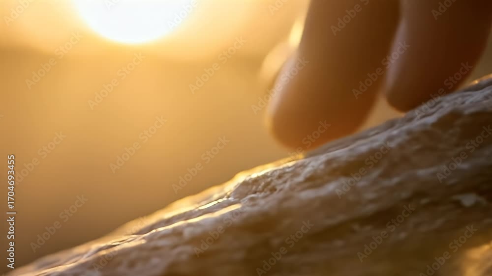 Poster realistic macro shot of finger touching textured surface illuminated by golden light
