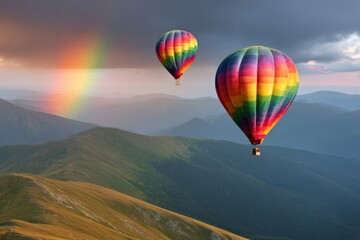 Obraz premium Two hot air balloons are flying over a beautiful mountain range with a rainbow in the background