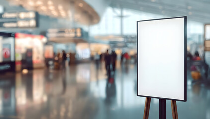 A blank signage display in a busy airport highlights the bustling atmosphere of travel and commerce.