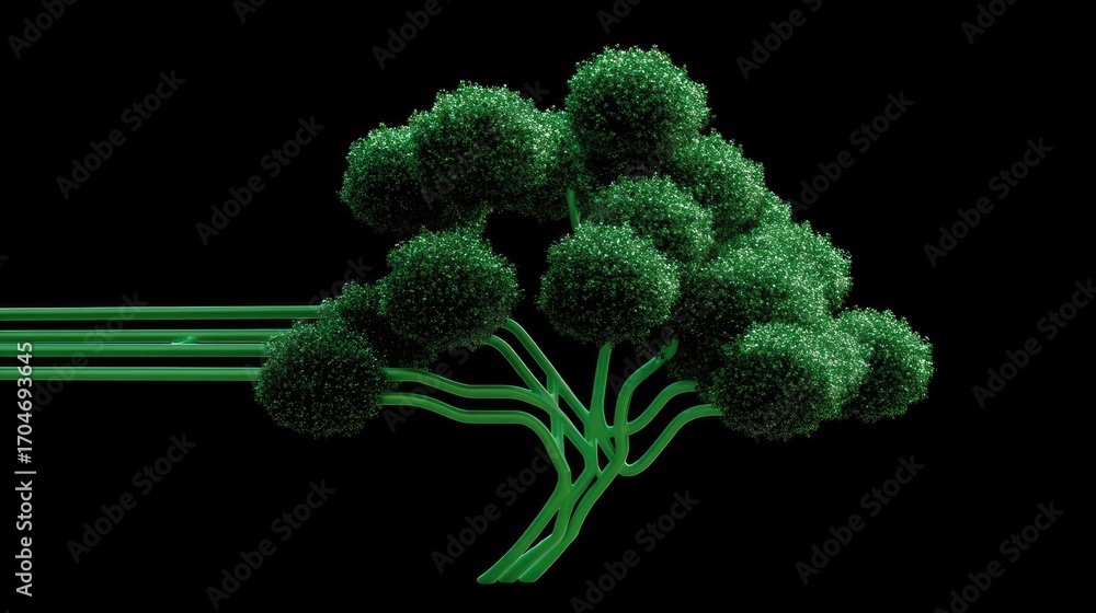 Poster abstract representation of a green tree with motion lines illustrating speed and growth in a dark ba