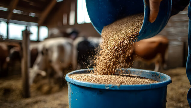 A farmer pouring feed into a bucket, showcasing the daily routine of livestock care in a barn environment.