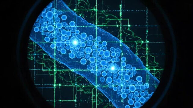 Captivating microscopic view of vibrant blue cells in motion, showcasing dynamic biological processes and cellular life