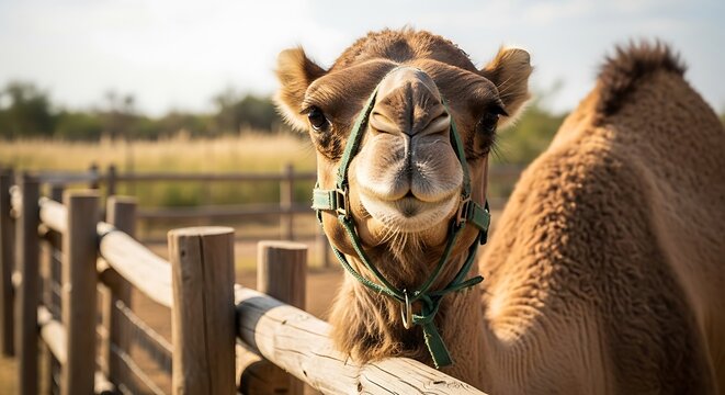Friendly Camel at Wooden Fence on Sunny Day.
