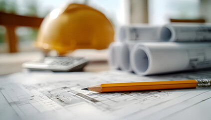 Close-up of architectural plans with a pencil, calculator, and hard hat, symbolizing construction and design projects.