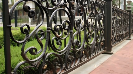 Intricate wrought iron fence with spiraling designs and lush green backdrop creates a timeless