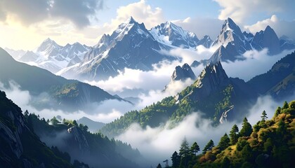 Majestic mountain range in clouds
