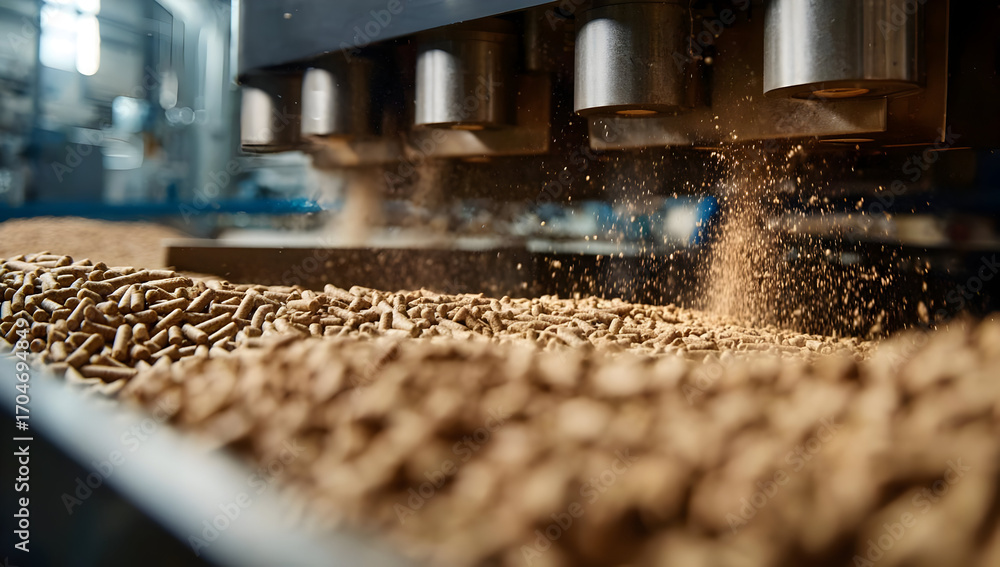 Poster close-up of a manufacturing process with pellets, showcasing precision and efficiency in modern prod