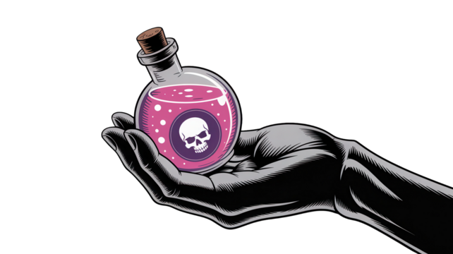 Hand presents a glass vial filled with pink liquid featuring a skull emblem, symbolizing danger, poison, or a mysterious potion for Halloween or dark themes - Powered by Adobe