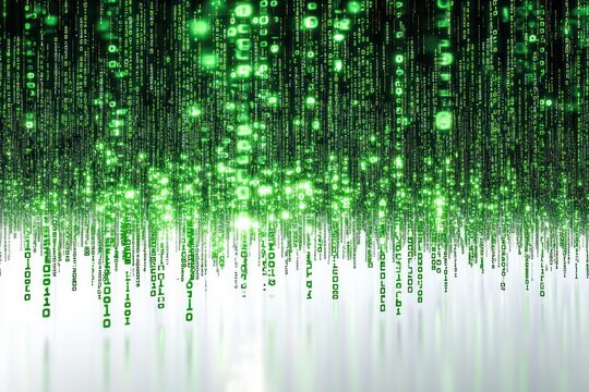 Abstract digital rain of glowing green binary code falling vertically with bright, blurred light effects creating a futuristic and technological atmosphere