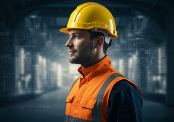 construction worker in safety gear with digital schematics in industrial background