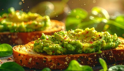 Avocado toast close-up reveals creamy green mash over crispy bread, topped with seasoning and drizzles. A trendy, healthy dish presented in dramatic lighting and artistic food styling