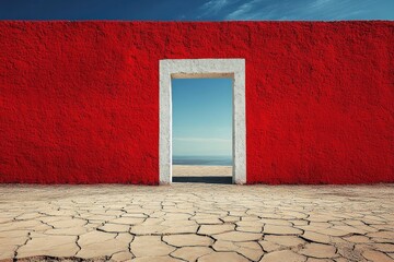 Bright red textured wall with a white-framed open doorway revealing a calm sea and clear sky beyond cracked dry earth foreground under blue sky