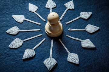 wooden pawn in center with twelve chalk-drawn arrows pointing inward arranged in a circle on dark textured surface symbolizing focus or target