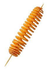 Fried tornado potato on a stick, white background isolated