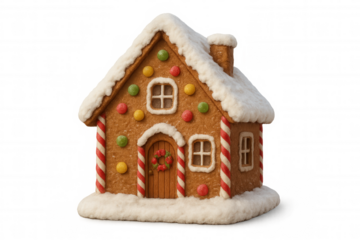 Festive gingerbread house featuring colorful candy decorations, dusted with powdery snow, floating on clear background for holiday design