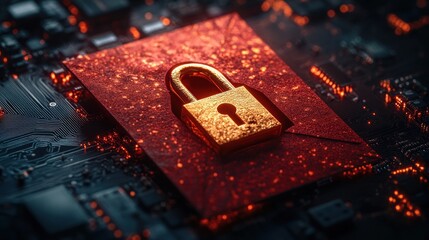 close-up of golden padlock on red envelope icon glowing on dark computer circuit board symbolizing digital security and protected communications