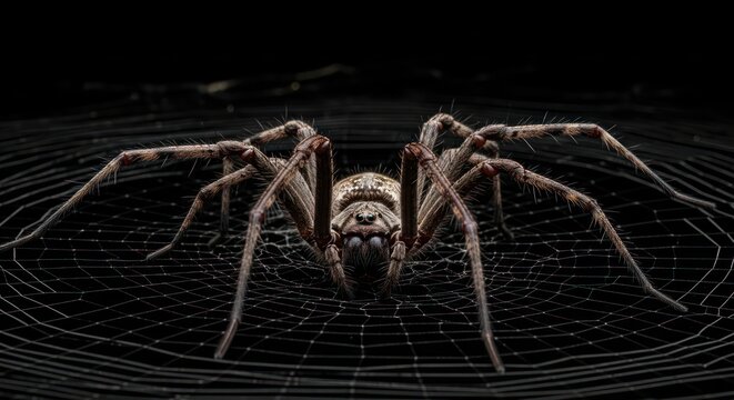 Detailed close-up of a huntsman spider resting on its expansive web in a dark setting - Powered by Adobe