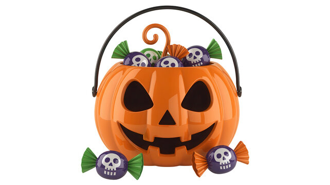 Spooky Halloween pumpkin bucket overflowing with skull candies for trick-or-treaters, ready for festive autumn celebrations and scary fun adventures. - Powered by Adobe