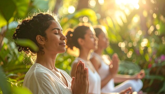 Three women meditate with serene expressions in a sun-dappled, lush, green outdoor setting, palms together