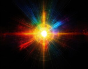 Fototapeta premium Bright radiant light source emitting colorful beams and glowing circular patterns against a dark background, evoking energy and cosmic phenomena