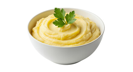 A mashed potato in a bowl and parsley, white background isolated