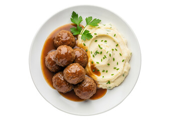 Top view a meatballs and mashed potato, white background isolated