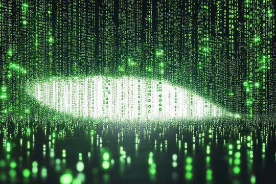 Abstract digital matrix with glowing green numeric code cascading vertically over a dark backgroundevoking futuristic technology and data flow - Powered by Adobe