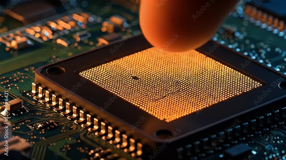 Poster realistic video cpu processor core with human finger touches high tech