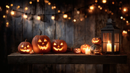 Cozy Halloween Scene with Glowing Jack O' Lanterns, Candles, and String Lights on Rustic Wooden Table