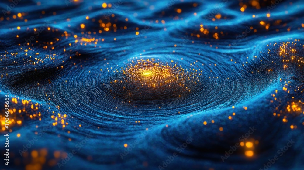 Aufkleber abstract digital waves with glowing orange particles scattered across deep blue rippling surface giv