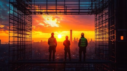 Three construction workers standing on scaffolding overlooking a city skyline at sunset with a vibrant orange and yellow sky
