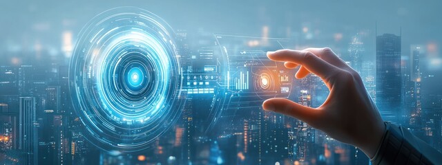 Human hand interacting with futuristic digital holographic interface over cityscape at night, showing data charts and circular technology design, illustrating advanced technology and innovation