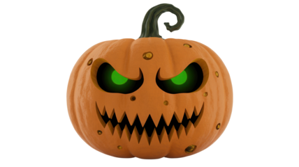 Spooky glowing green eyes and jagged teeth on a carved Halloween pumpkin, perfect for festive decorations and scary party invitations.