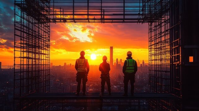 Three construction workers standing on scaffolding overlooking a city skyline at sunset with a vibrant orange and yellow sky