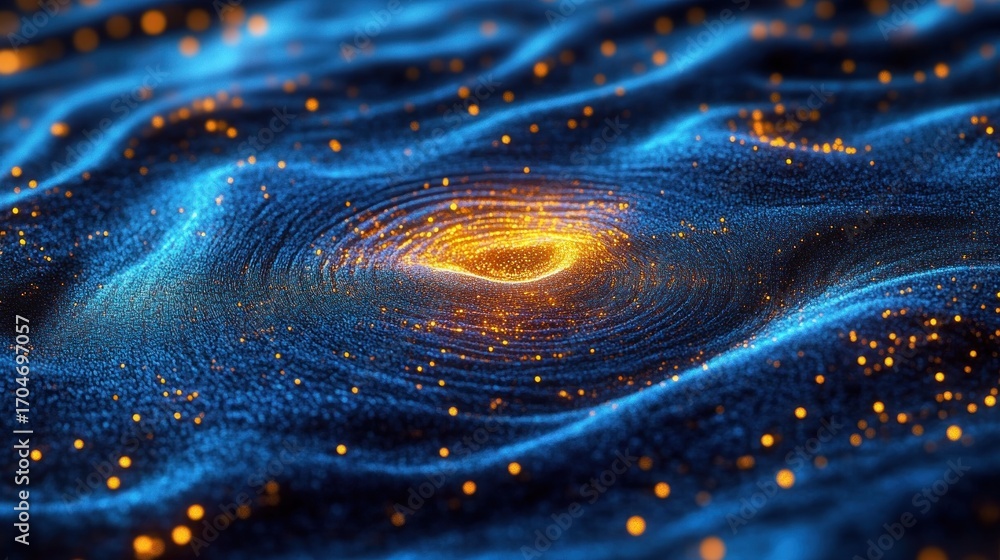 Aufkleber abstract glowing orange vortex surrounded by blue textured waves with scattered orange particles cre