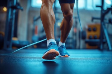 Close-up of muscular legs and blue athletic shoes jumping rope in a gym setting with exercise equipment blurred in the background