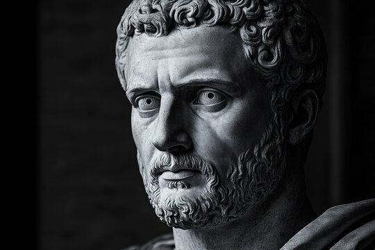 Close-up of a detailed classical stone sculpture of a male head with curly hair and beard, showing intense and contemplative expression with dramatic lighting - Powered by Adobe