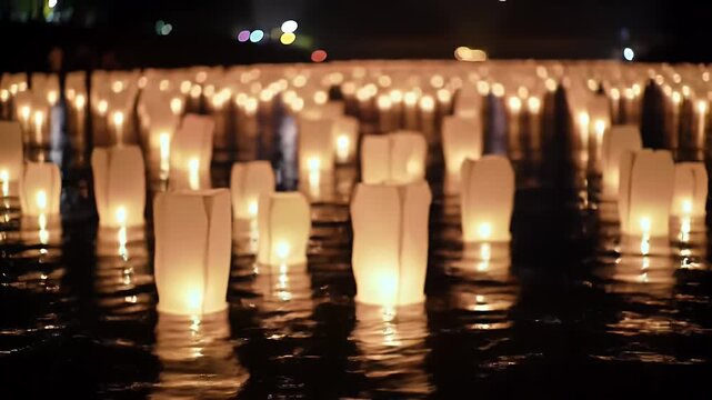 Illuminated water lanterns glowing on a tranquil lake, creating a magical atmosphere and