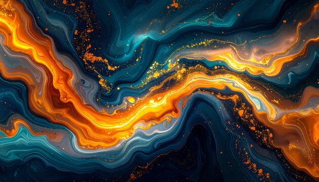 Pouring Art, eleganter Hintergrund in Gold, Mitternachtsblau, Smaragd und Neon Orange