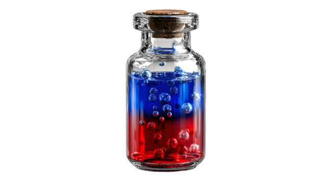 A small glass vial filled with a liquid that constantly shifts between red and blue, with tiny, ethereal bubbles rising to the top. isolated on white background--no text, watermark