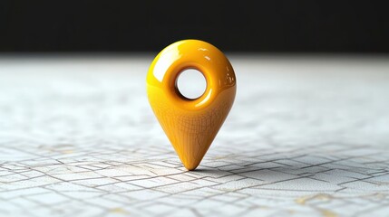 shiny yellow map pin marker standing upright on a detailed map with blurred background, symbolizing location or navigation