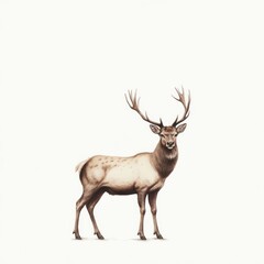 Fototapeta premium A majestic stag with large antlers standing alone on a light background with focused calm expression