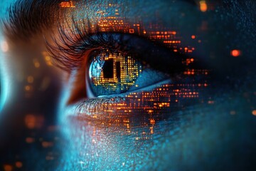 Close-up of a human eye with vivid digital and neon orange blue light data projections reflecting on the skin and in the iris, symbolizing technology and connectivity